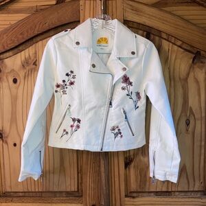 Girls C&C California white embroidered flower faux leather jacket coat size 12